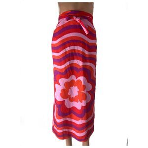 Zara Womens L Red Pink Retro Swirl Flower Midi Tie Linen Blend Skirt New w/ Tags